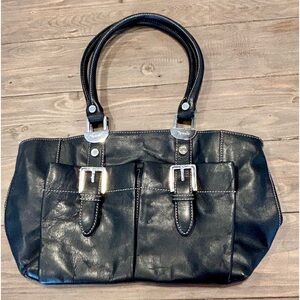 Tignanello Black Leather bag, purse with buckles, handles